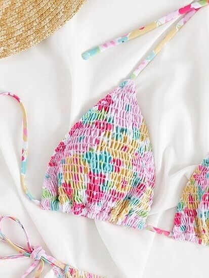 COZYEASE Women's 2 Piece Floral Bikini Sets Smocked Drawstring Side Swimsuit, M