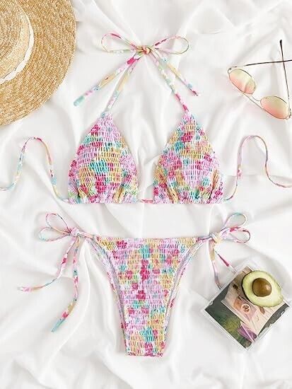 COZYEASE Women's 2 Piece Floral Bikini Sets Smocked Drawstring Side Swimsuit, M