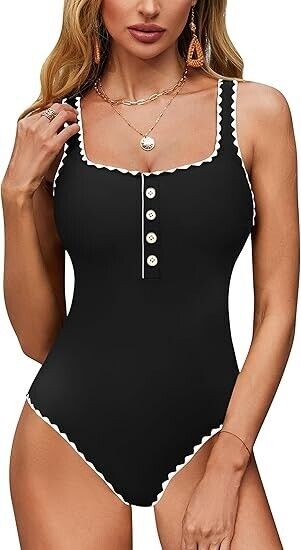 BMJL Women's One Piece Swimsuits Button Adjustable Strap Bathing Suit, Black, L