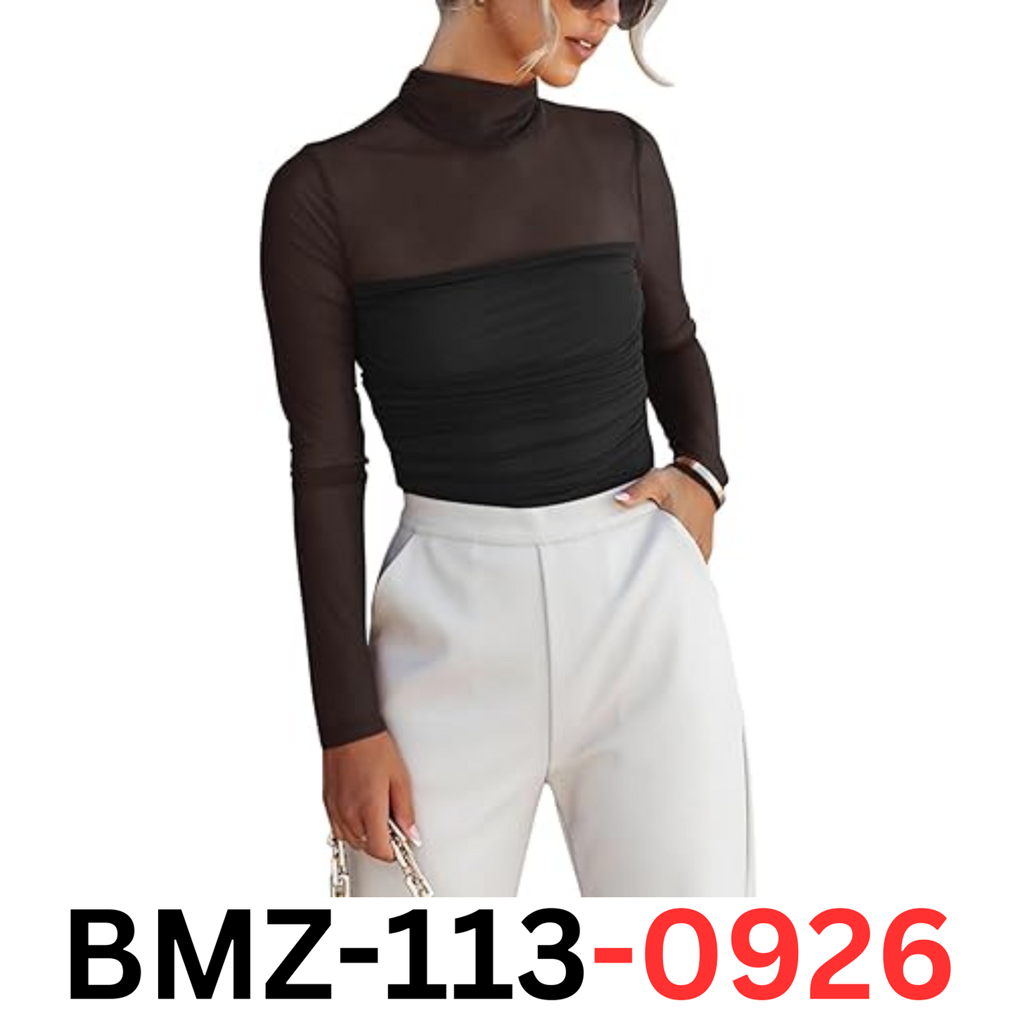 Women's Sexy Mesh Mock Turtle Neck Long Sleeve Ruched Bodysuit - REORIA Black, S