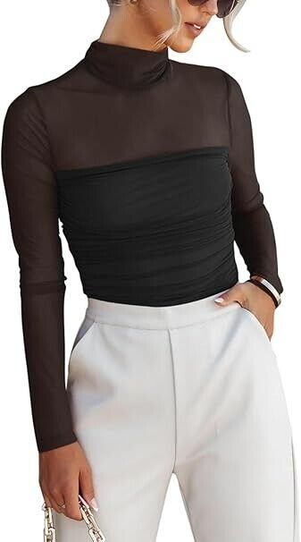 Women's Sexy Mesh Mock Turtle Neck Long Sleeve Ruched Bodysuit - REORIA Black, S