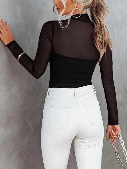 Women's Sexy Mesh Mock Turtle Neck Long Sleeve Ruched Bodysuit - REORIA Black, S