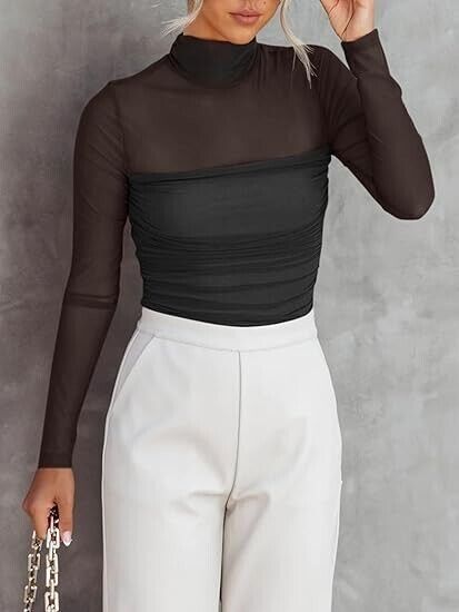 Women's Sexy Mesh Mock Turtle Neck Long Sleeve Ruched Bodysuit - REORIA Black, S
