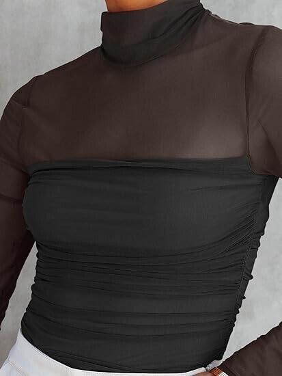 Women's Sexy Mesh Mock Turtle Neck Long Sleeve Ruched Bodysuit - REORIA Black, S