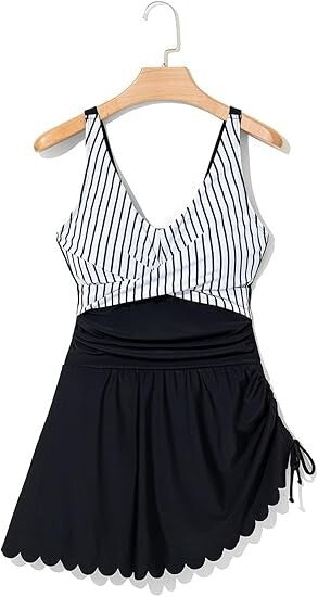 Dokotoo SwimSuit Women One Piece Striped Bathing Suit Plus Size Swim Dress, L