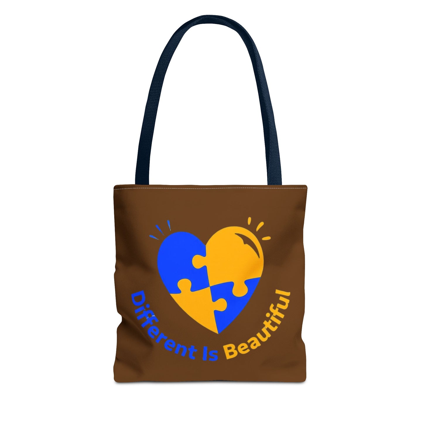 Autism Awareness Puzzle Heart Tote Bag — "Different Is Beautiful" Brown AOP