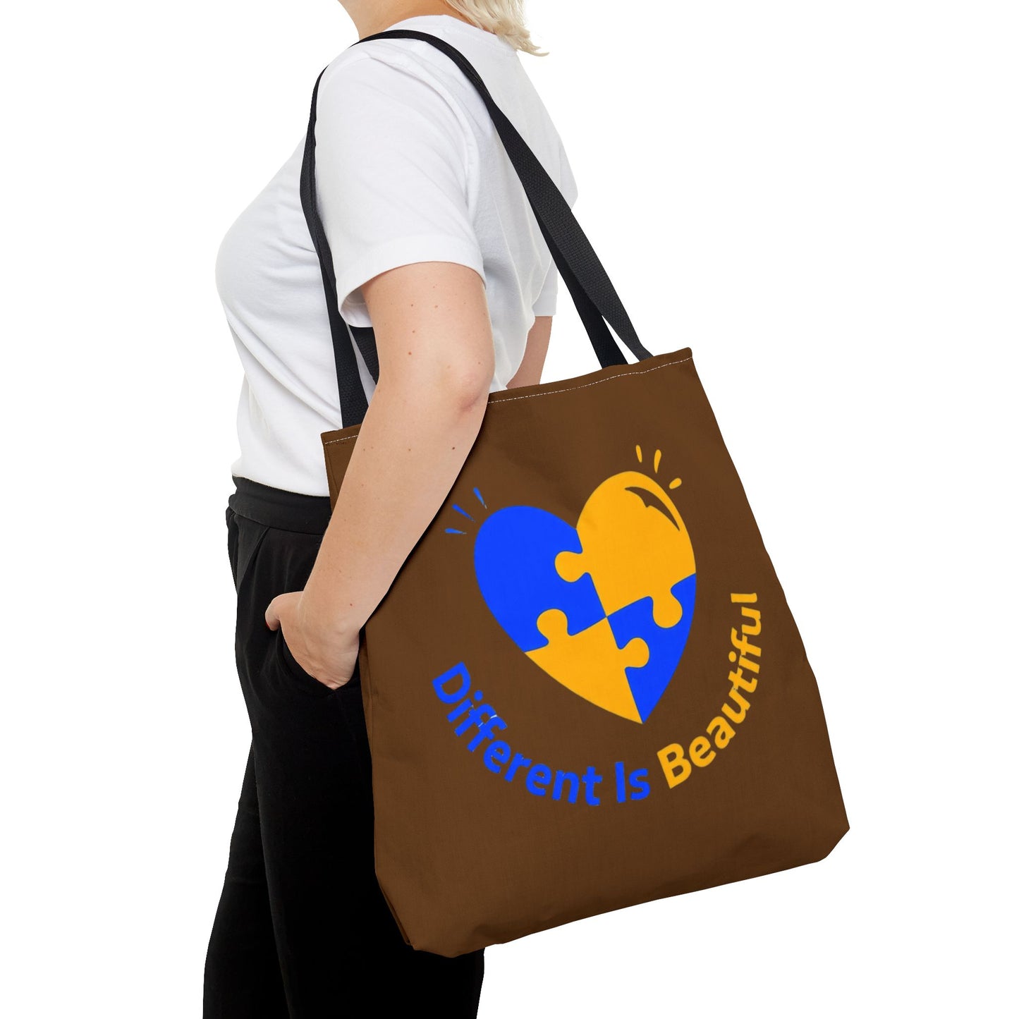 Autism Awareness Puzzle Heart Tote Bag — "Different Is Beautiful" Brown AOP