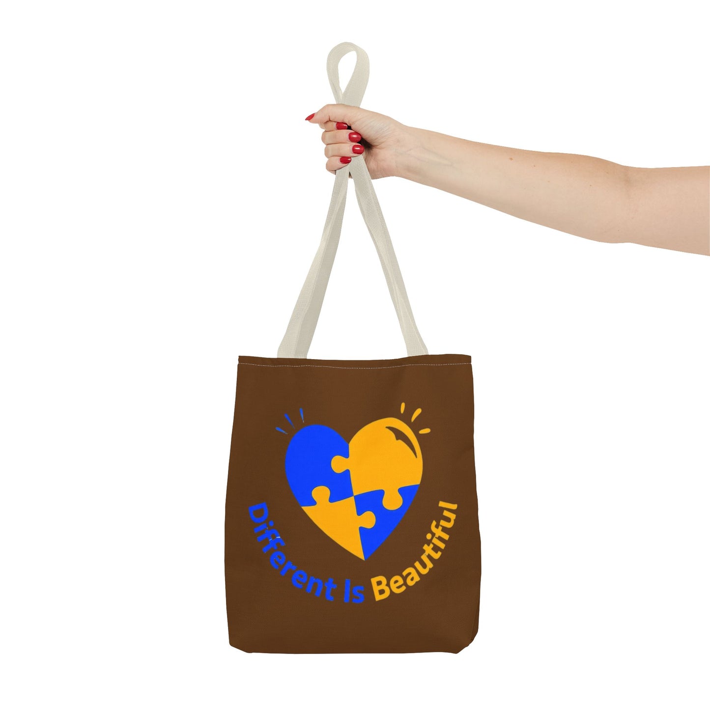 Autism Awareness Puzzle Heart Tote Bag — "Different Is Beautiful" Brown AOP
