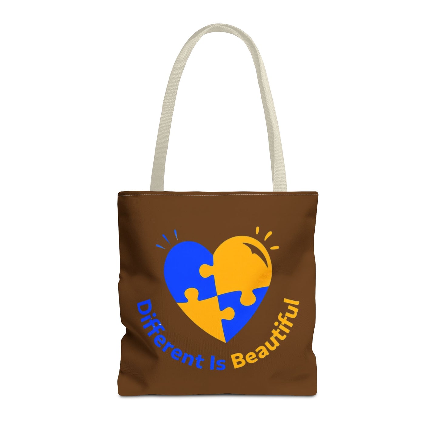 Autism Awareness Puzzle Heart Tote Bag — "Different Is Beautiful" Brown AOP