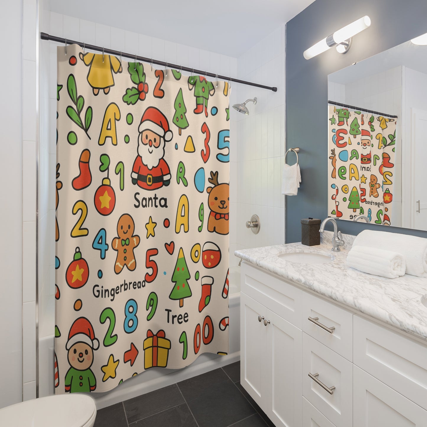 Christmas Alphabet & Numbers Shower Curtain — Cute Santa, Gingerbread & Tree Kids Bathroom Decor