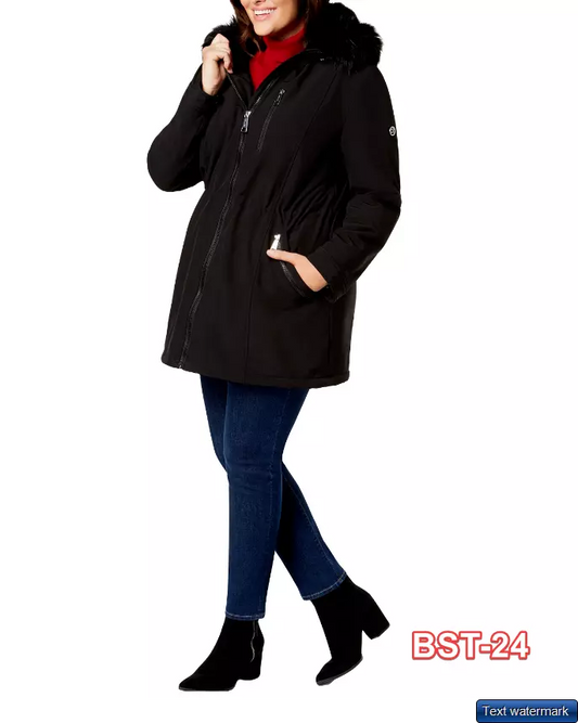 Calvin Klein Women's Plus Faux-Fur-Trim Hooded Anorak, Black, 0X