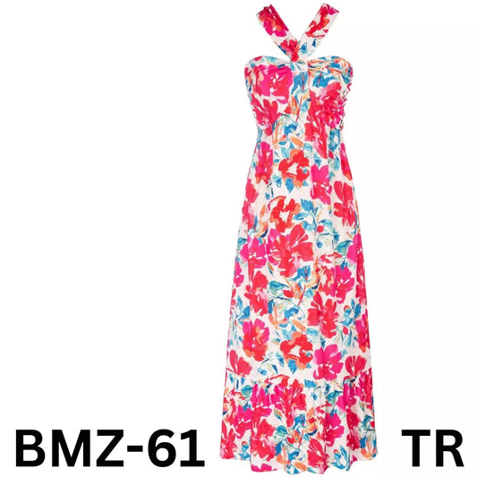 Women's Sleeveless Crossover Halterneck Floral Ruffle Maxi Dresses, Multicolor M