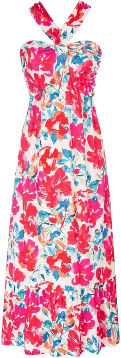 Women's Sleeveless Crossover Halterneck Floral Ruffle Maxi Dresses, Multicolor M