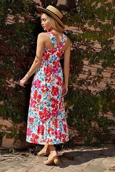 Women's Sleeveless Crossover Halterneck Floral Ruffle Maxi Dresses, Multicolor M
