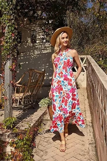 Women's Sleeveless Crossover Halterneck Floral Ruffle Maxi Dresses, Multicolor M