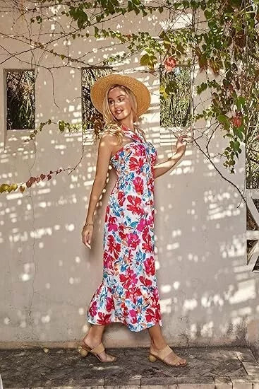 Women's Sleeveless Crossover Halterneck Floral Ruffle Maxi Dresses, Multicolor M